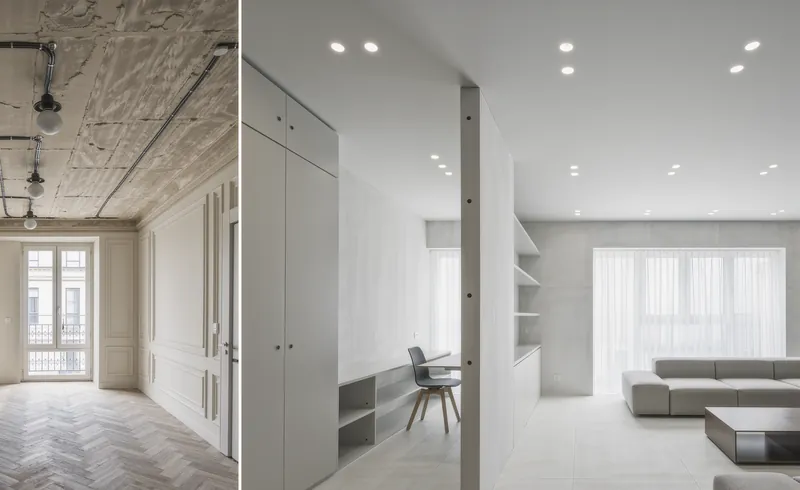 Salón con techo de escayola deteriorado y, tras la obra, el mismo salón con techo liso de pladur y focos empotrados