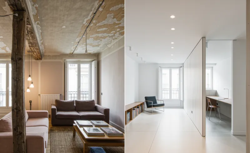 Salón antiguo con viga de madera y, tras la obra, el mismo espacio dividido con un tabique de pladur que crea un despacho