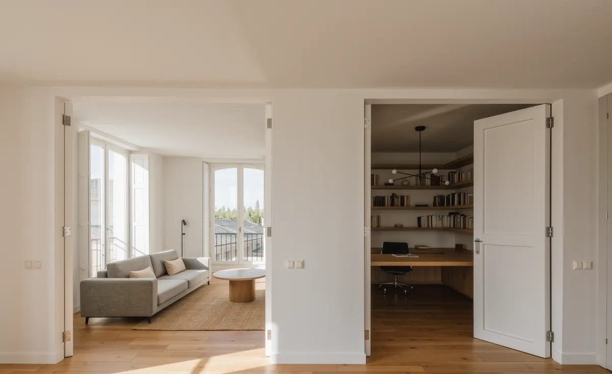 Salón dividido con un tabique de pladur acabado y puerta: zona de estar a un lado y despacho con escritorio al otro