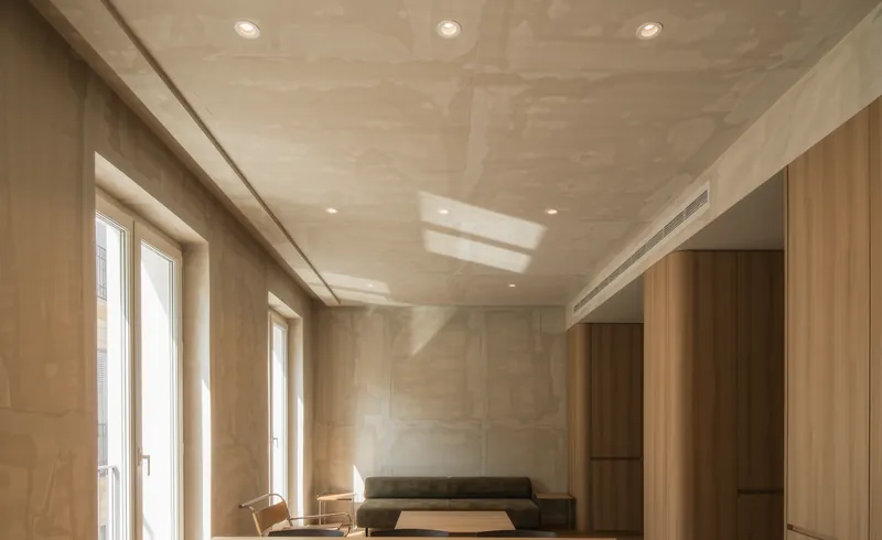 Salón reformado con falso techo liso de pladur, focos empotrados y detalle de madera