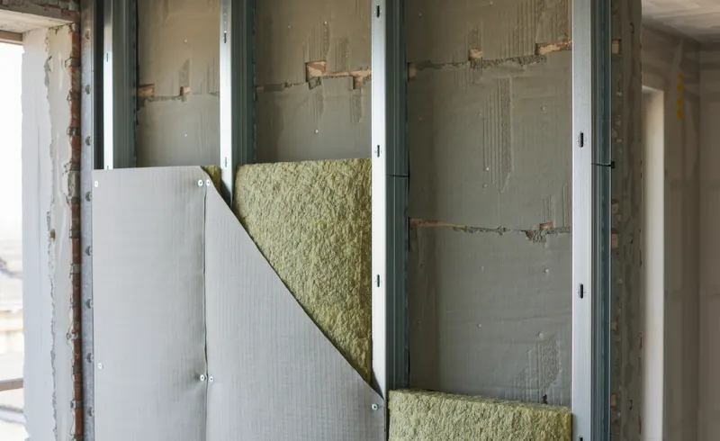 Pared medianera con estructura de perfiles metálicos y lana mineral colocada en la cámara antes de cerrar con placa