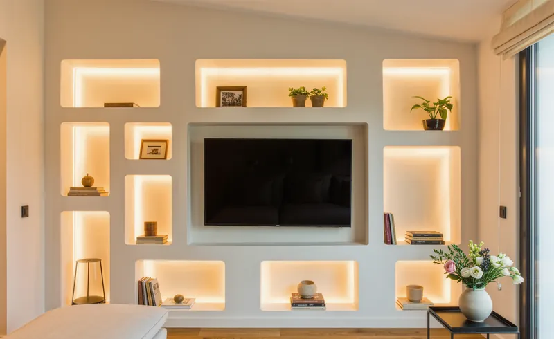 La misma pared terminada: mueble de pladur con huecos iluminados para libros, plantas y televisor empotrado