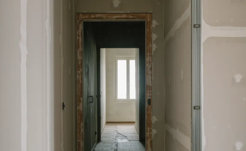 Pasillo de una vivienda en reforma con tabiques de pladur montados y masillados y una puerta al fondo