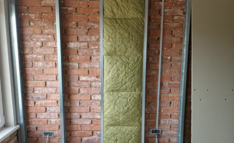 Trasdosado de pladur en obra con la estructura metálica montada contra la pared existente