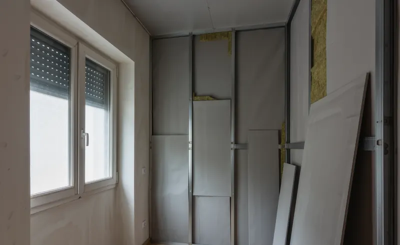 Habitación pequeña con la estructura del trasdosado montada contra la fachada y las placas apoyadas a un lado